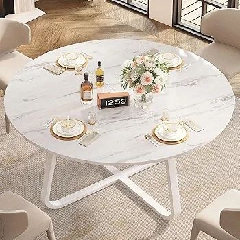 White Faux Marble Round Dining Circle Dining Desk Kitchen Shelf 4-6 People, Mid-Century Pedestal Dinner Table End Coffee Desk Office Living Room Table, White Marble, 51 Inch