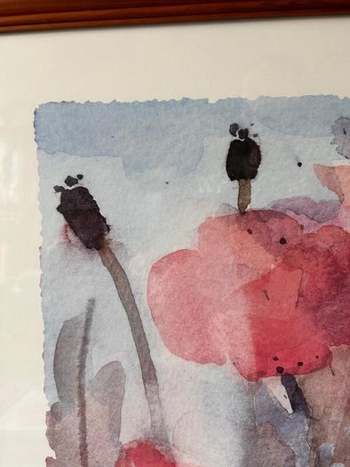 Framed watercolour painting of poppies