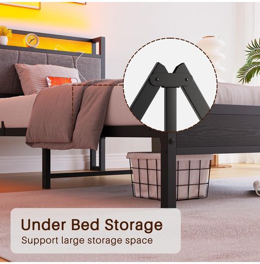 3ft Single Bed Frame with Storage Headboard,LED Lights,Metal Upholstered Platform Bed Frame with Charging