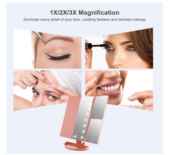 Illuminated Makeup Mirror, Trifold Vanity Mirror with 1X / 2X / 3X Magnification, Natural Looking LEDs, Touch Screen, Rechargeable Mirror