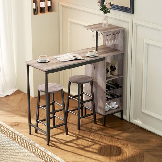 3-Piece Bar Table Set with Storage, Wine Rack, Glass Holders & 2 Bar Stools with Footrests, Space-Saving Design, Grey