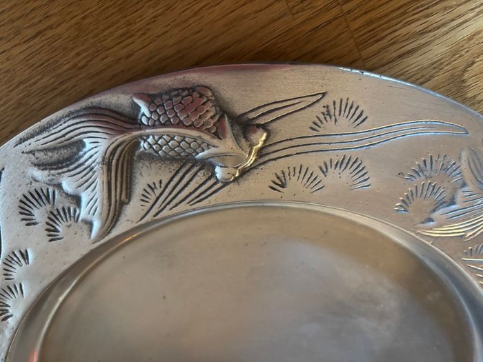 Large Decorative Pewter Dish with Koi Fish Engraving