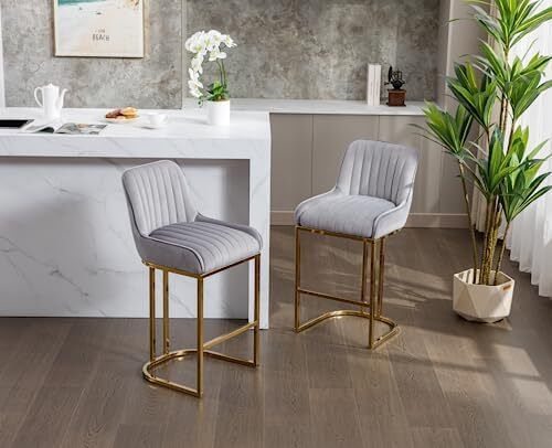 Set of 2 Velvet Bar Stools with Backrest for Kitchen Island, Counter Stool with Metal Legs, Bistro Stool with Footrest for Kitchen, Home Bar, Grey