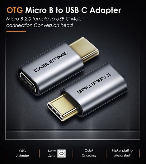 Cabletime Aluminum Alloy OTG Micro USB (Female) to USB-C (Male) QC 3.0/2.0 Charger & Sync Convertor Adapter (Brand New/Warranty)
