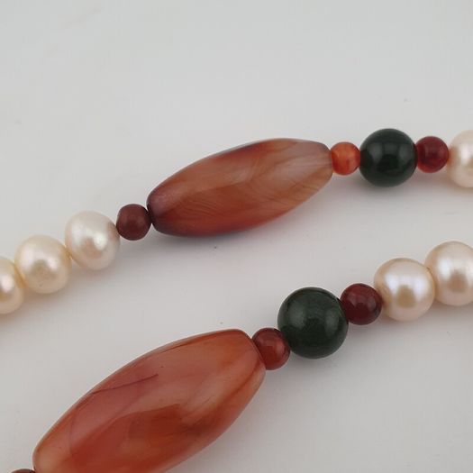Vintage African Carnelian Statement Necklace with Genuine Pearls & Green Jade Beads