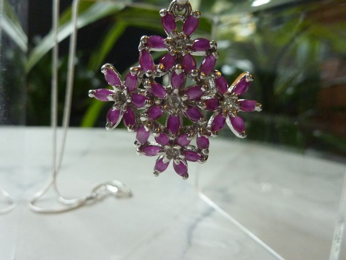 Ruby Cluster Snowflake Pendant Necklace, 925 Sterling Silver, 18 inch Chain