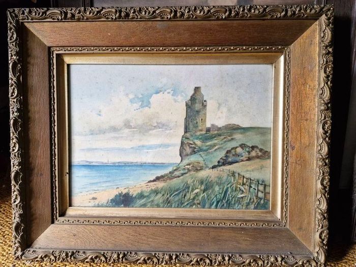Antique landscape picture in gilt frame.