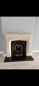 Stone fireplace, insert and granite hearth