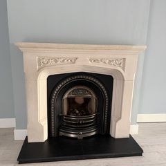 Stone fireplace, insert and granite hearth