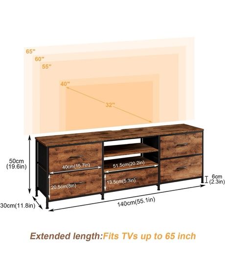 TV Stand Cabinet, TV Unit with 5 Drawers, 140 cm, Brown TV Console Table with Storage Organizers, Entertainment Center with Open Shelf for Living Room, Bedroom