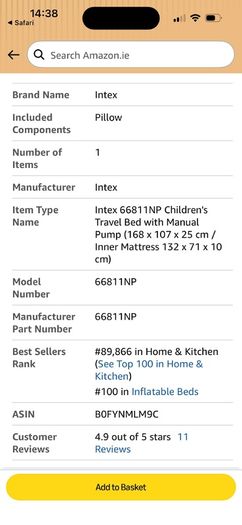 Kids inflatable travel bed