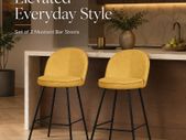 Set of 2 Mustard Upholstered Bar Stools with Backrests and Black Steel Legs