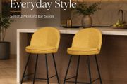 Set of 2 Mustard Upholstered Bar Stools with Backrests and Black Steel Legs