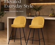 Set of 2 Mustard Upholstered Bar Stools with Backrests and Black Steel Legs