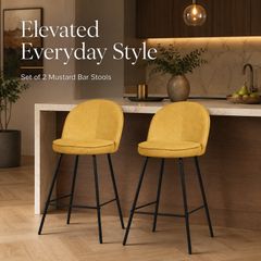 Set of 2 Mustard Upholstered Bar Stools with Backrests and Black Steel Legs