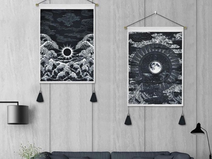 (Pack of 2) Moon and Star Tapestry Ocean Wave Black and White Tapestry Wall Hanging for Room (35 x 50cm)