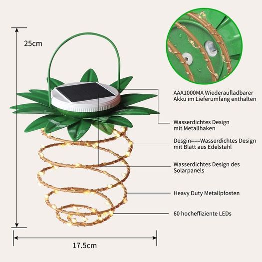 2 Pack Pineapple Garden Solar Lights 60 LEDs Outdoor Decor Solar Path Hanging Lights IP65 Waterproof Led Fairy String for Christmas Patio Path Home Tree Decoration Lantern Lighting
