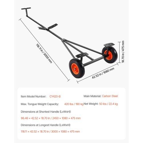 Boat Trailer Dolly, 420lbs Load Capacity, Carbon Steel Trailer Mover with Adjustable Length, 15.7 in Pneumatic Tires and Nonslip Support Bracket