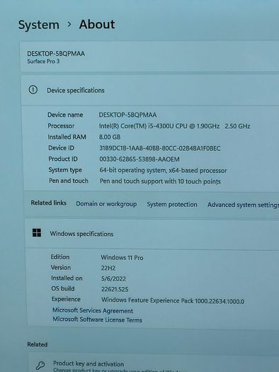 Microsoft Surface Pro 3 12inch i5-4300U 8GB RAM 256GB SSD Windows 11 Pro Touch