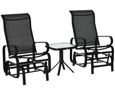 3 Pieces Garden Gliding Chair Set, Metal Frame 2 Single Armchair Swing Seater and 1 Glass Top Coffee Table w/ Breath Mesh Fabric Seat, Black