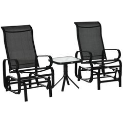 3 Pieces Garden Gliding Chair Set, Metal Frame 2 Single Armchair Swing Seater and 1 Glass Top Coffee Table w/ Breath Mesh Fabric Seat, Black