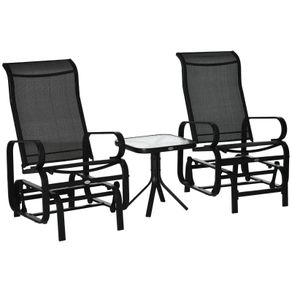 3 Pieces Garden Gliding Chair Set, Metal Frame 2 Single Armchair Swing Seater and 1 Glass Top Coffee Table w/ Breath Mesh Fabric Seat, Black