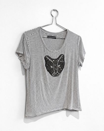 Pre Owned Marciano by Guess Beaded Panther Striped Tee