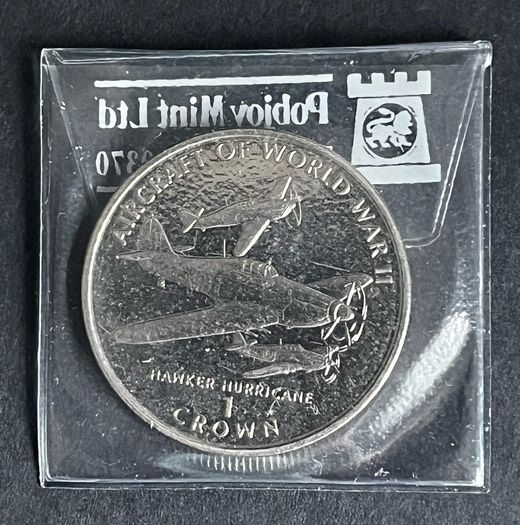 1995 Isle of Man 1 crown Aircraft of WWII. hawker Hurricane Copper-Nickel Coin in protective sleeve