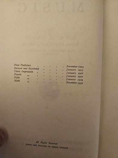 Music By Sir W. H. Hadow. The Home University Library.  1932 First Edition Hardback In Good Condition.  See Photos For Same.