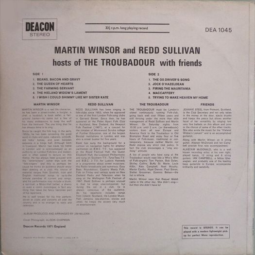 Martin Winsor And Redd Sullivan - Hosts Of The Troubadour With Friends LP 1971