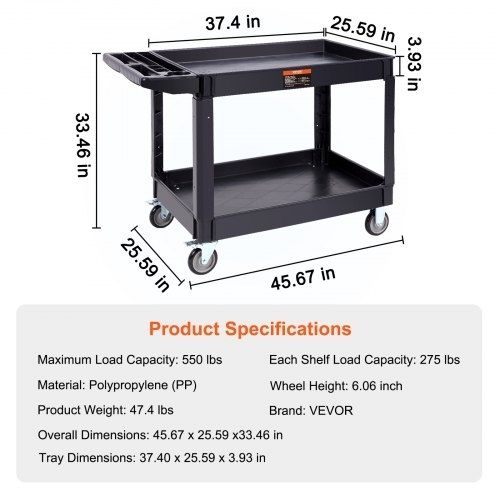 Utility Service Cart, 2 Shelf 249.5 kg Heavy Duty Plastic Rolling Utility Cart with 360 Swivel Wheels (2 with Brakes), Large Lipped Shelf, Ergonomic Storage Handle for Warehouse/Garage/Cleaning