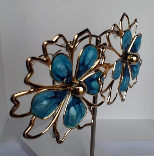 Gold & Teal Sakura Blossom Floral Statement Earrings