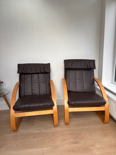 Set of 2 Brown leather and wood Bent Wood Easy Chairs and matching footstools