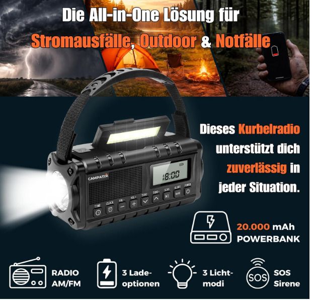 Crank Radio with Solar & Hand Crank, Emergency Radio with 20,000 mAh Power Bank, Outdoor, Camping & Survival, AM/FM Radio with LCD Display