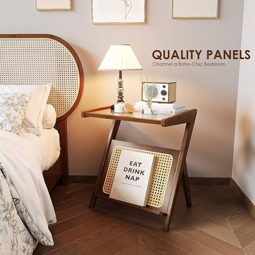 Rattan Side Table Boho NightStand Mid Century Modern End Table Glass Bedside Table Small End Tables Bamboo Coffee Table with Storage Record Player Stand for Living Room Bedroom