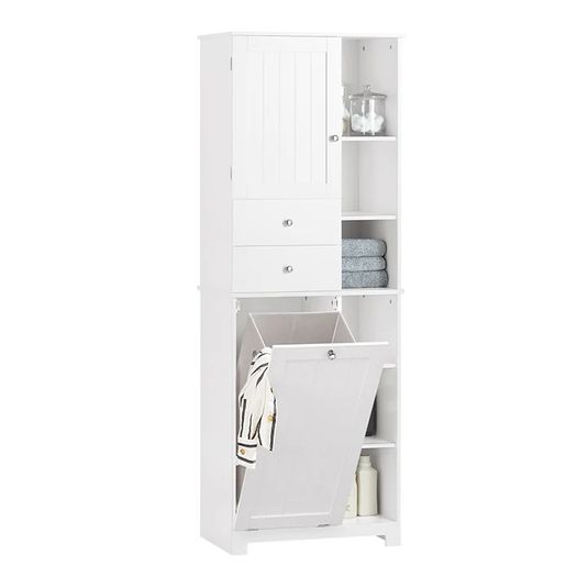 Bathroom Cabinet Tall white with fold out laundry collector bag