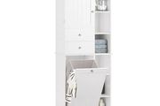 Bathroom Cabinet Tall white with fold out laundry collector bag