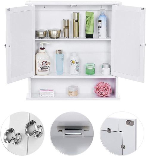 Bathroom Cabinet, Wall Cupboard, Mirror with Shelf, Wooden Makeup Cabinet, 56 x 58 x 13 cm (W x H x D) White