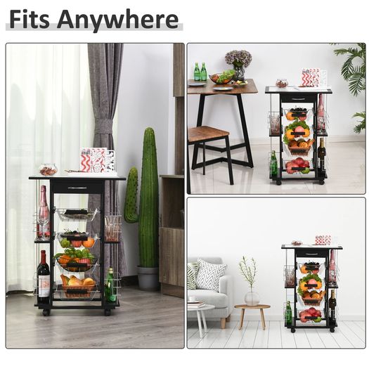 4-Tier Kitchen Trolley Cart on Rolling Wheels with 4 Removable Baskets, 4 Side Rack Organizer,Ceramics Tile Top