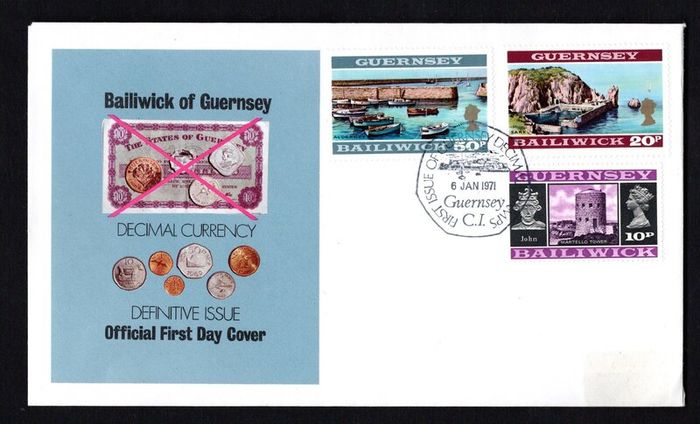 1971 Guernsey Decimal Currency Definitive Issue Definitive Stamp 3 First Day Covers  (FDC)