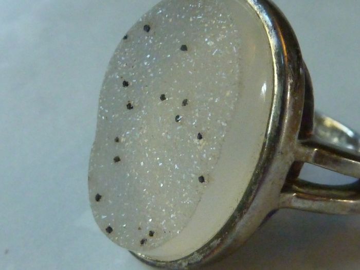 Sterling Silver 925 Large Oval White Druzy Agate Statement Ring Size N Hallmarked 9.9g