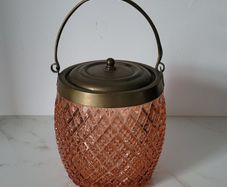 Art noveau brass & diamond glass biscuit barrel