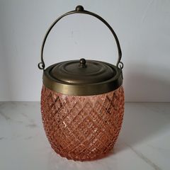 Art noveau brass & diamond glass biscuit barrel