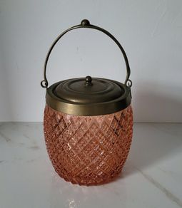 Art noveau brass & diamond glass biscuit barrel