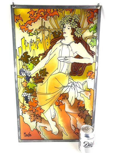 Vintage Art Nouveau Style Hand Painted and stained glass Glass Panel
