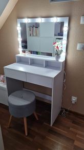 LED Dressing Table with LED Lighting, Vanity Table with Mirror, Adjustable Brightness, 2 Drawers and 3 Open Compartments