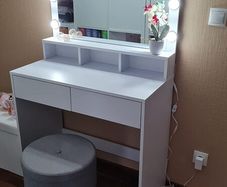 LED Dressing Table with LED Lighting, Vanity Table with Mirror, Adjustable Brightness, 2 Drawers and 3 Open Compartments
