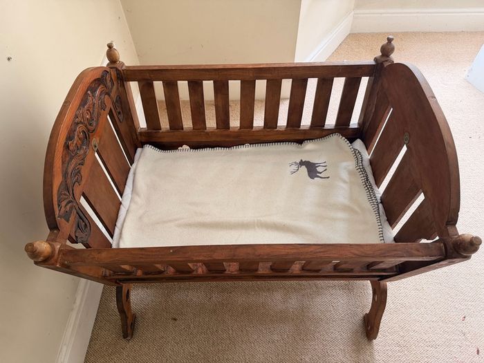 Beautiful Vintage Hand-Carved Wooden Rocking Cradle