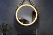 600mm Round LED Bathroom Mirror with Black Frame &amp; Leather Strap, Touch Sensor, Anti-Fog, Dimmable 3-Colour Lighting