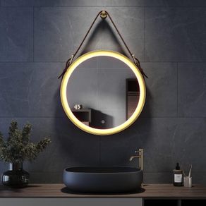 600mm Round LED Bathroom Mirror with Black Frame & Leather Strap, Touch Sensor, Anti-Fog, Dimmable 3-Colour Lighting